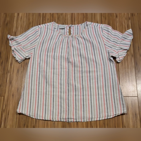 NWOT Van Heusen Striped Linen Ruffle Sleeve Top - Picture 1 of 8